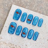 Qfdian 10pcs Mid Length Press on Nails Cute Red Fish Decor Blue Cat Eye False Nail Patch Wearable Full Cover Handmade Fake Nail Tips