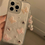 Qfdian  Drip Glue Stereoscopic Butterfly Diamond iPhone 15 14 Phone Case Suitable For 13 ProMax 12 11 Chain Hanging Strap xsmax Portable