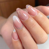 Qfdian  24Pcs Solid Color Grey Almond Fake Nail Cat's Eye Design Wearable Round Head False Nails with Shiny Powder Press on Nails