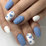 Qfdian  24pcs Blue Love False Nails Tips Datachable Fashion Short Ballet Press on Nails Art with Jelly Glue Simple Square Fake Nail Sets