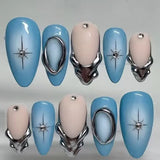Qfdian 24Pcs 3D Green Ripple Design False Nails Cat's Eye French Almond Fake Nail Tips Leaves Pattern Removable Oval Press on Nails