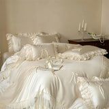 Qfdian  Vintage French Lace Ruffles Bow Bedding Set 60S Lyocell Cotton Soft Silky Duvet Cover Set Flat Bed Sheet Pillowcases 4Pcs