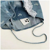 Qfdian Cowboy canvas bag, ladies' bow, sweet and versatile tote bag, large capacity casual shoulder bag