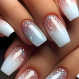 Qfdian  24Pcs Short Square Coffin False Nails Square Fake Nails with Glue French Glitter Wearable Acrylic Nails Set Press on Nail Tips