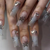 Qfdian  24Pcs Long Coffin False Nails Pink French Flowers Design Fake Nail with Butterfly Rhinestone Wearable Ballet Press on Nails