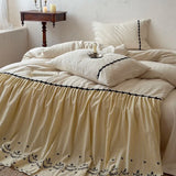 Qfdian  Cottagecore Cotton Linen Bedding Set, Soft Vintage Floral Embroidered Duvet Cover & Pillowcases, Bed Sheets for All Seasons 4Pcs