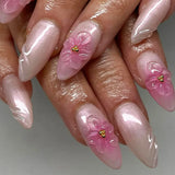 Qfdian 24pcs French Press on Nails Art Simple Pink Flower Star Design False Nail Tips Finished Mid-length Almond Fake Nail Set Manicure
