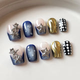 Qfdian  10pcs Sweet Cool Press on Nails Blue Cat Eye False Nails 3D Silver Star Fake Nails Glitter Rhinestone Nail Art Short Coffin Nail