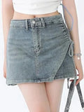 Qfdian  Summer Female Casual Streetwear Asymmetrical Slim Club Mini Skirt Korean Sexy Vintage Lace Up Y2K High Waist A-Line Denim Skirts