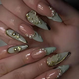Qfdian 24Pcs 3D Green Ripple Design False Nails Cat's Eye French Almond Fake Nail Tips Leaves Pattern Removable Oval Press on Nails