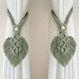 Qfdian  2pcs Bohemian Style Handmade Braided Leaf Cotton Rope Curtain Fasteners Curtain Ties Tassel Leaf Curtain Ties Home Decoration