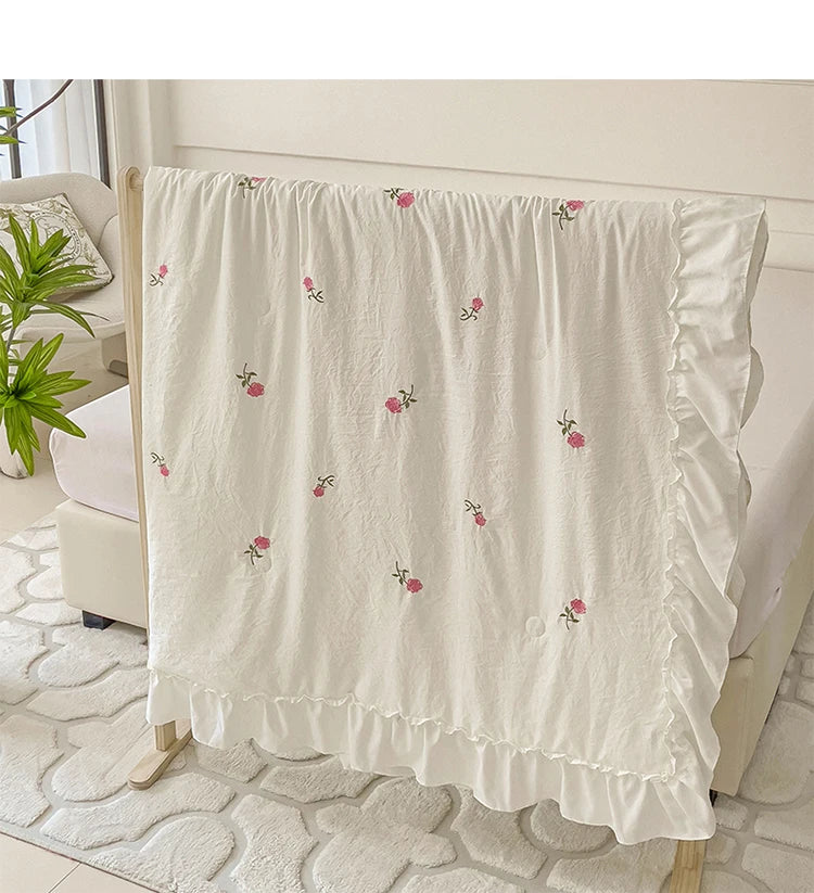 White Korean Princess Style Pink Rose Flowers Embroidery Ruffles Thin Summer Quilt Blanket Air Conditioning Quilt Single Double