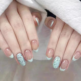 Qfdian Handmade Refreshing Mint French Short Oval Press On Nails Eggshell Design False Nails Wearable Manicure For Women And Girls
