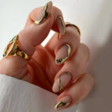 Qfdian 24Pcs Golden French Fake Nail with Almond Head Design Simple Oval False Nails Wearable Press on Nails Full Cover Nail Tips