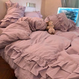 Qfdian  ‌Princess Style Purple Ruffle Duvet Cover Set - Washed Cotton 4-Piece/3-Piece Bedding Double Size/Dorm Sheet Set