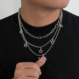 Qfdian  Punk Silver Color Cross Pendant Necklace for Women Men Gothic Hip Hop Metal Star Tassel Multi Layer Necklace Party Jewelry Gifts