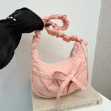 Qfdian Women Ins Casual Sweet Kawaii Bow Handbags Pleated Y2k Aesthetic Vintage Underarm Bag Fashion All Match Shoulder Crossbody Bags