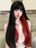 Qfdian 26Inch Black and Red Special Style Synthetic Wigs With Bang Long Straight Hair Wig For Women Daily Use Cosplay Heat Resistant