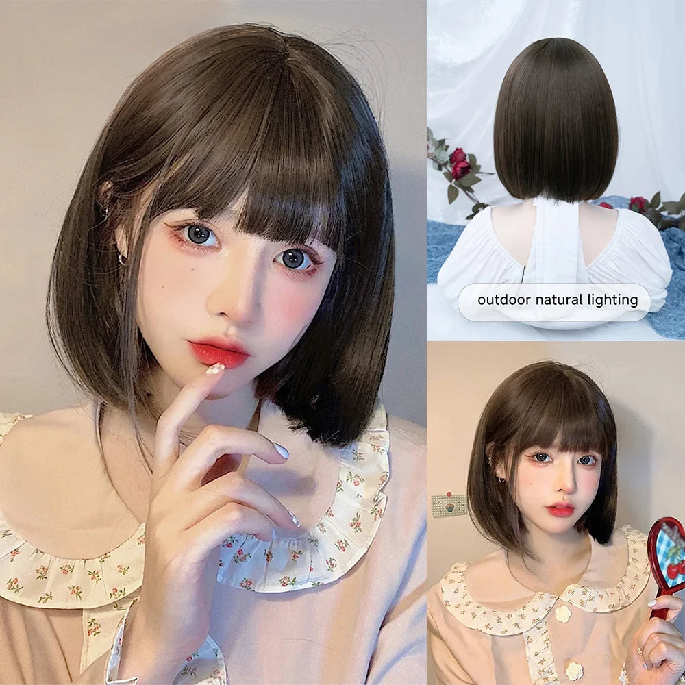 Qfdian 12Inch Lolita Cool Brown Synthetic Wigs With Bang Short Natural Straight Hair Wig For Women Daily Use Cosplay Heat Resistant