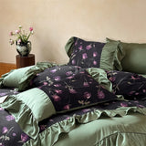 Qfdian 1000TC Egyptian Cotton Vintage Rose Prints Pleated Ruffles Purple Bedding Set Duvet Cover Flat/Fitted Bed Sheet Pillowcases 4Pcs