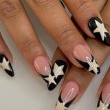Qfdian  Y2K Star Press on Nails Gradient Black Fake Nails Medium Length Square False Nails Moon Designs for Women Girls Party Daily Use