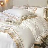 Qfdian Premium 1000TC Egyptian Cotton Luxury Gold Embroidery Hotel Style Bedding Set Duvet Cover Flat/Fitted Bed Sheet Pillowcases 4Pcs