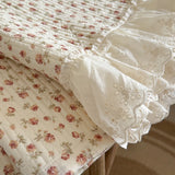Qfdian 3/5Pcs Rose Floral Print Lace Ruffles Quilted Bedspread, Bed Cover, Mattress Topper Coverlet, Bed Sheet, With Pillowcases