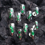 Qfdian Silver Handmade Almond False Nails Press on Nails Complete Acrylic Nail Tips Meddle Length Reusable Adhesive Artificial Manicure