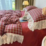 Qfdian  Plaid Bedding Set Vintage Lace Ruffles Duvet Cover Set Flat Sheets Set 2 Pillowcases Single Twin Full Queen Size Bed Set 3/4Pcs