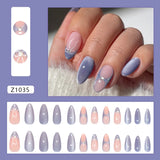 Qfdian  24pcs Milk Blue French Style Press On Nails Glitter Almond Cat's Eye Fake Nails With Bowknots Diamond Decor Charming False Nail