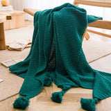 Qfdian  Nordic Blankets for Bed Sofa Couch Chunky Knit Bedspread Knitted Throw Blanket with Tassel Plain Color Waffle Embossed Blanket