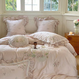 Qfdian  4/7Pcs Flowers Embroidery Lace Ruffles Wedding Bedding Set 1200TC Egyptian Cotton Duvet Cover Flat Bed Sheet Pillowcases