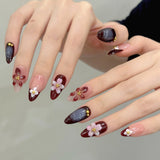 Qfdian  10pcs Handmade Press on Nails 3D Hand-carved Flower Design Fake Nails Wearable Detachable Spice Girl French Almond False Nails