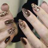 Qfdian  24pcs Glossy Red Cat's Eye Press On Nails Full Cover Nude Color Wearable Almond False Nails Charms Detachable Fake Nail For Girl