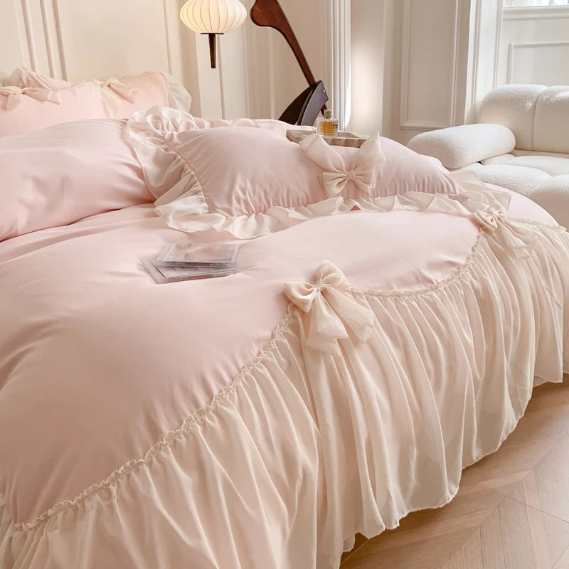 Korean Style Princess Lace Bow Bedding Set Pink Sweet Girl Chiffon Ruffles Duvet Cover Bed Sheet Pillowcase Wedding Home Textile