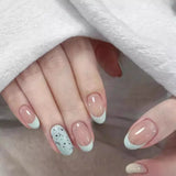 Qfdian Handmade Refreshing Mint French Short Oval Press On Nails Eggshell Design False Nails Wearable Manicure For Women And Girls