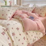 Qfdian Floral print French Style Bedding Set Bubble cotton Duvet Cover Set Washed Cotton Flat Sheet set Queen For Girl Decor Home