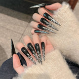 Qfdian 10pcs Handmade False Nails Black Metal Sliver Tree Decor Long Pointed Fake Nails Reusable Wearable Punk Style Press on Nails