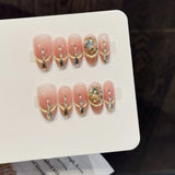 Qfdian  10pcs Handmade Glitter Pink Press on Nails Shiny Bow Diamond Design False Nails Wearable Sweet French Cat Eye Fake Nail Tips