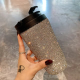 Qfdian  Luxury Rhinestone Tumbler Stainless Steel Thermal Water Bottle Insulated Coffee Mug With Handle Reusable Vacuum Thermal Cup