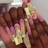 Qfdian 24Pcs Extra Long Square Fake Nail with Glue 3D Little Bear Bow Design False Nails White French Press on Nails Wearable Manicure