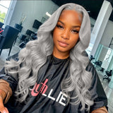 Qfdian Silver Wig Loose Curly Synthetic Lace Wig Silver Grey Lace Front Wig Glueless Long Grey Curly Hair Lace Frontal Wigs for Women