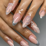 Qfdian 24Pcs Golden French Fake Nail with Almond Head Design Simple Oval False Nails Wearable Press on Nails Full Cover Nail Tips