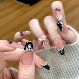 Qfdian  10Pcs Pink Coffin Handmade Press On Nails Moon Stars False Nails Sweet Bow Diamond Design Full Cover Ballet Fake Nails Press On