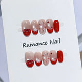 Qfdian  10pcs Handmade Red French Press on Nails Christmas Cat Eye Fake Nail Wearable European Winter Glitter Diamond Decor False Nails