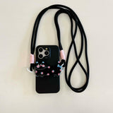 Qfdian Cute 3d colorful cat anti-fall rope fundas for iphone 12pro 15 pro max 13pro 14promax 15pro 12 14 13 black white phone case