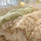 Qfdian  Floral print Korean style Princess Lace Bedding Set Duvet Cover Set Washed Cotton Flat Sheet set Queen For Girl Decor Home