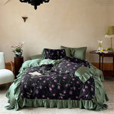 Qfdian 1000TC Egyptian Cotton Vintage Rose Prints Pleated Ruffles Purple Bedding Set Duvet Cover Flat/Fitted Bed Sheet Pillowcases 4Pcs