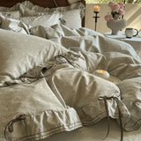 Qfdian 100% Cotton Pastoral Floral Print Ruffles Bow Princess Bedding Set Queen King Duvet Cover Set Bed Sheet/Fitted Sheet Pillowcases