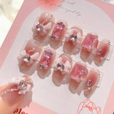 Qfdian  24pcs Sweet Blush Cat's Eye False Nails Glossy Pink 3D Transparent Bowknots Decor Press On Nails French Style Simple Fake Nail